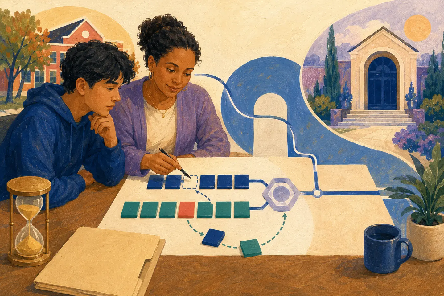 Editorial illustration: An applicant and guidance counsellor compare two rows of course tiles, identify a missing space and mismatch, and route the correction onward.