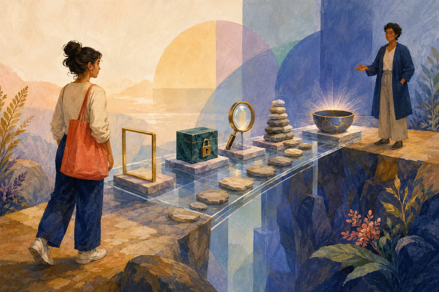 Editorial illustration: A student approaches a transparent bridge marked by a permission frame, privacy lockbox, verification lens, provenance stones, and a repaired bowl.