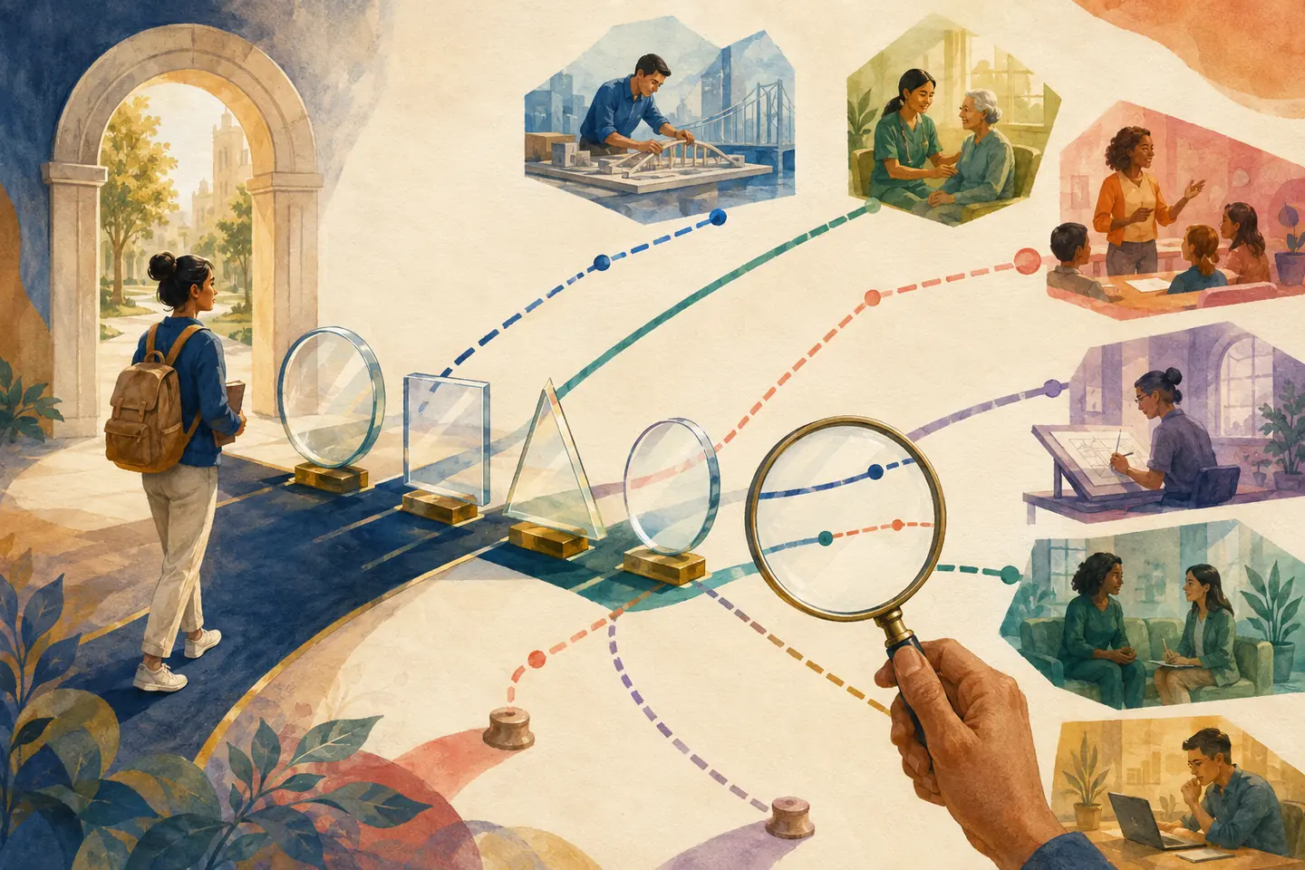 Editorial illustration: A student follows colored professional pathways through transparent checkpoints while a magnifying glass reveals which routes truly connect.