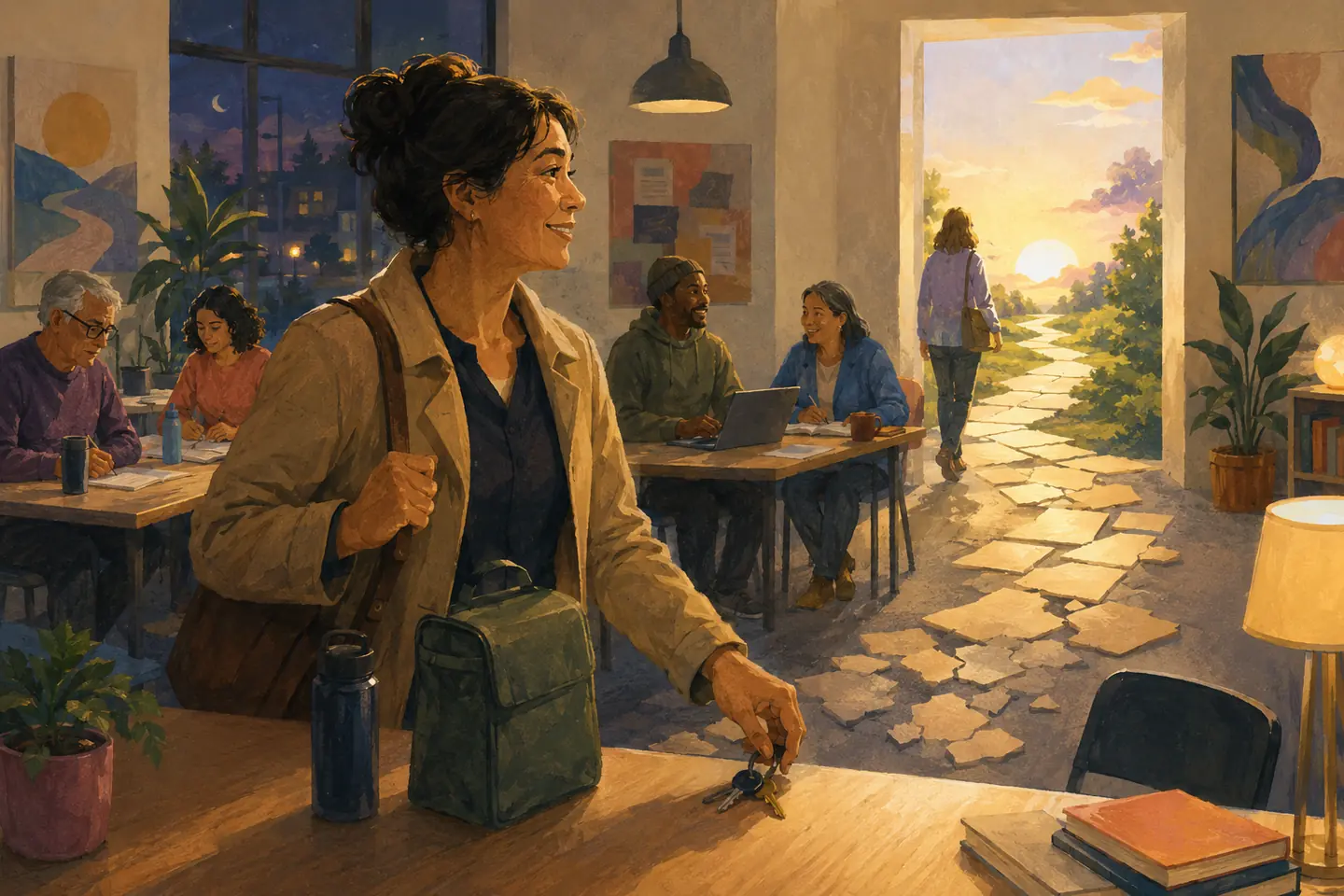 Editorial illustration: An adult learner sets down workday keys and a lunch bag in an evening classroom as a broken floor path reconnects through a bright doorway.