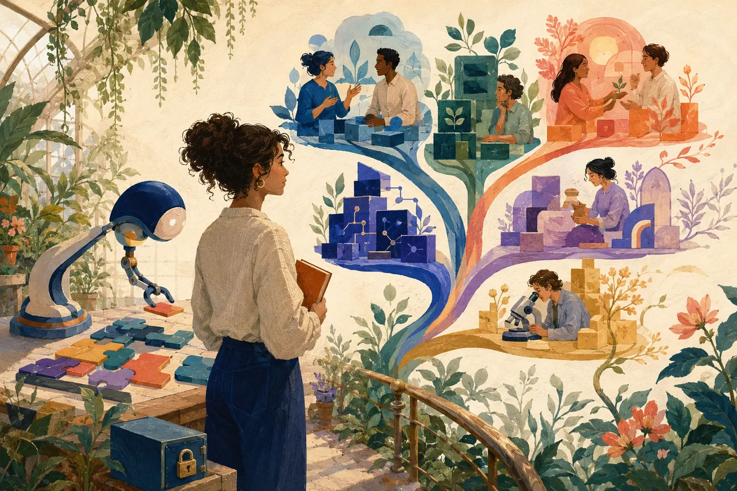 Editorial illustration: A student explores a skills greenhouse where an abstract machine assists branches of communication, logic, care, craft, and research.