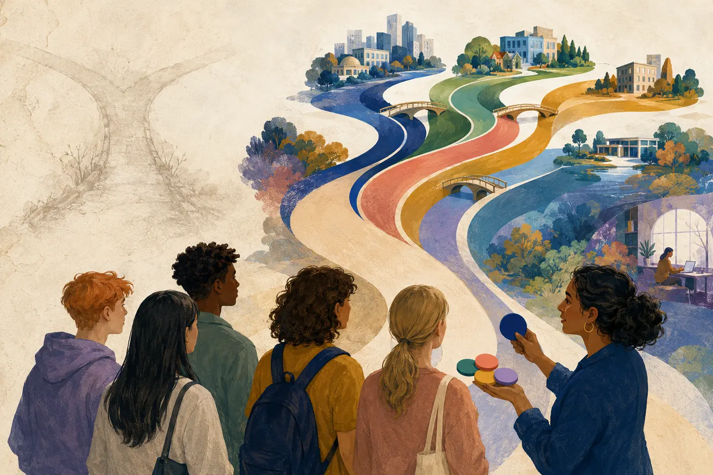 Editorial illustration: A diverse student group begins together before several equal coloured routes branch toward different learning destinations and reconnect by bridges.