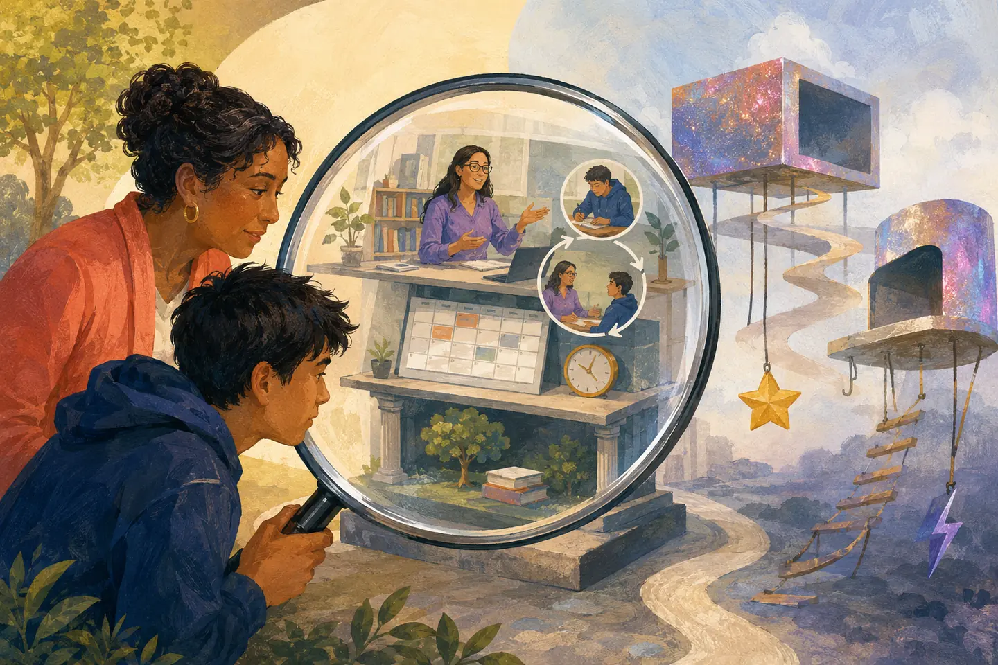 Editorial illustration: A parent and student use a large magnifying glass to inspect a transparent learning model with a real teacher, feedback cycle, and study rhythm inside.