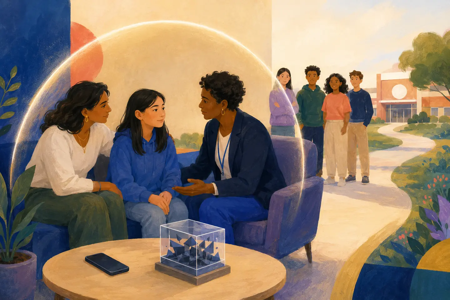 Editorial illustration: A student speaks with a caregiver and school professional inside a protective arc while a dark phone and contained fragments remain safely aside.