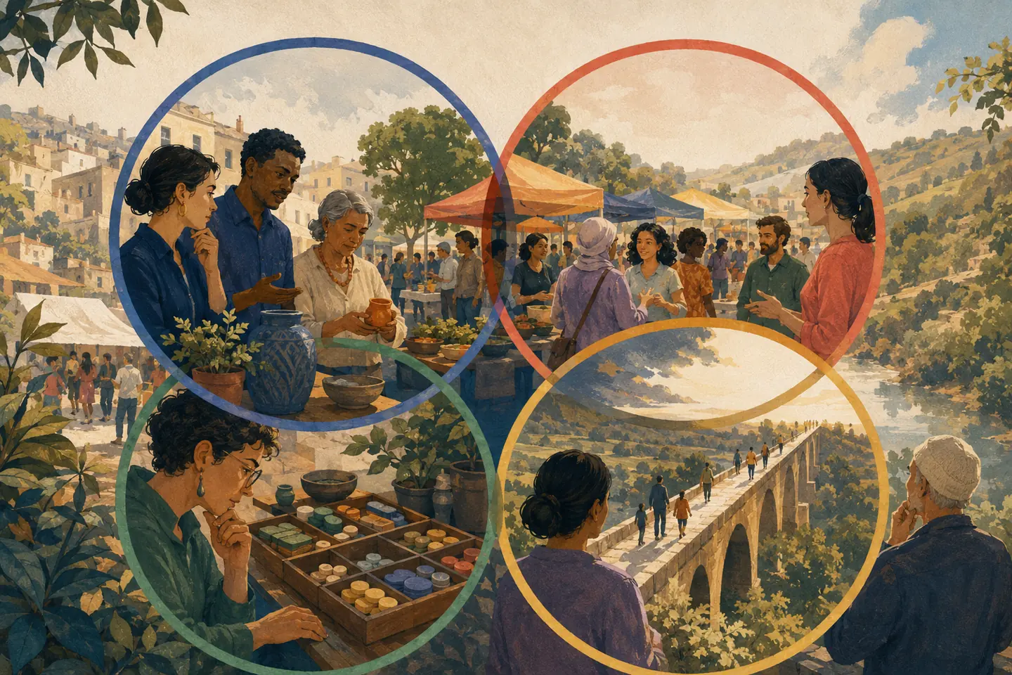Editorial illustration: Overlapping circles reveal community exchange, marketplace decisions, balanced resource drawers, and a bridge across future uncertainty.