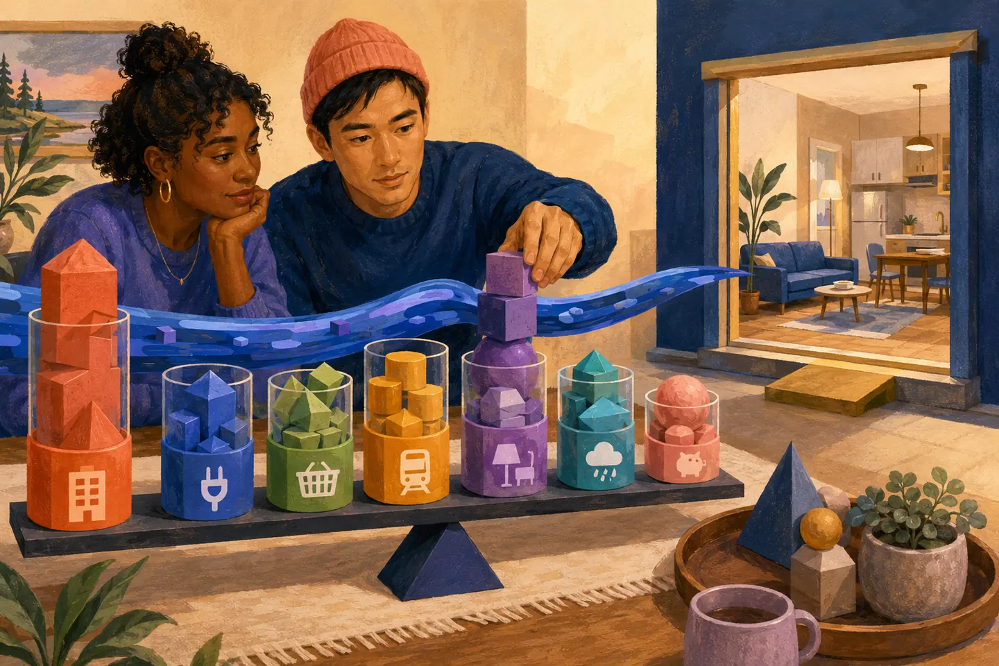 Editorial illustration: Two young adults balance containers for housing, utilities, food, transit, setup, irregular costs, and savings before an apartment doorway.