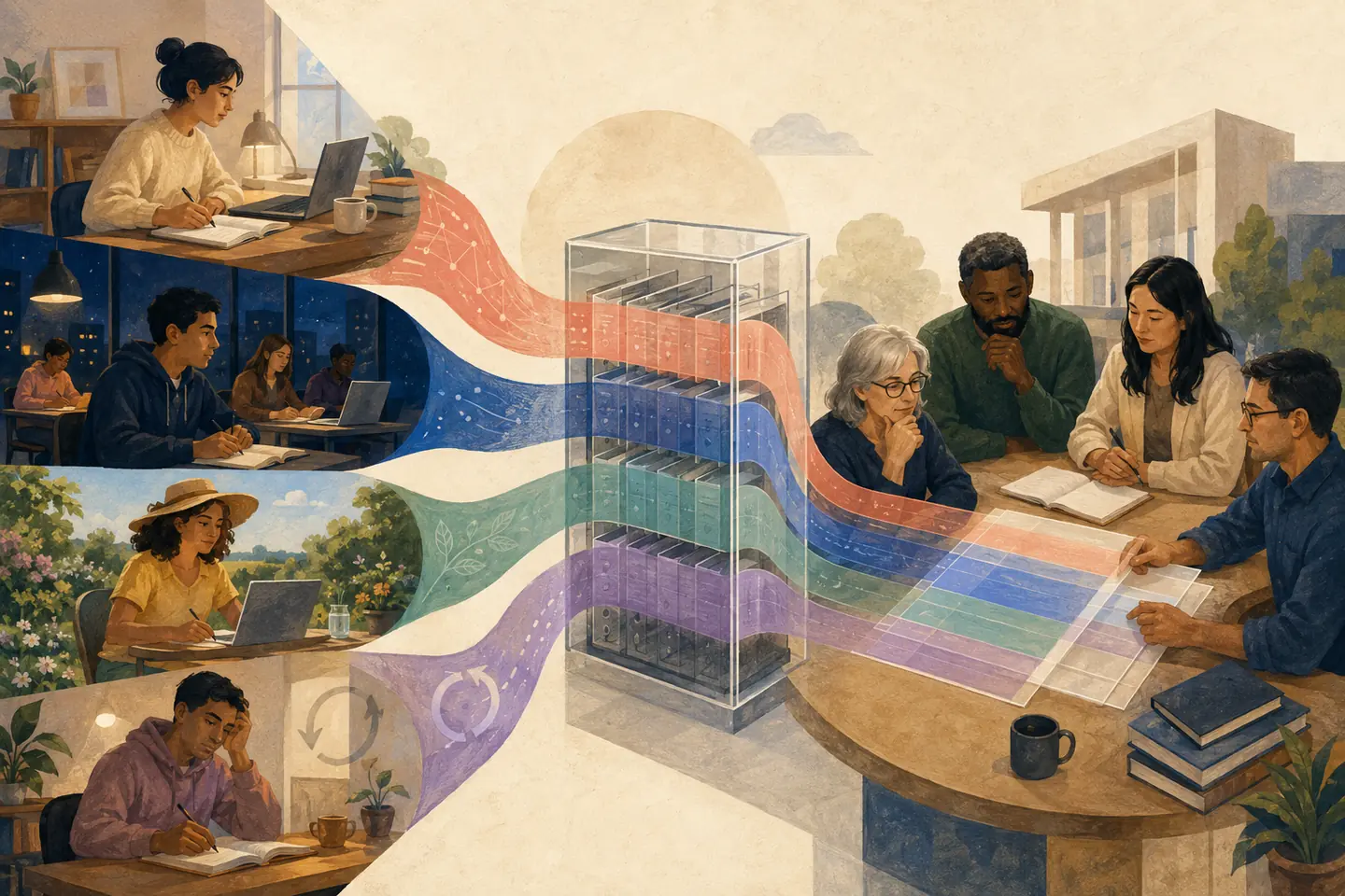 Editorial illustration: Four coloured learning streams from home, evening, summer, and repeated study pass through a transparent archive toward a neutral review table.