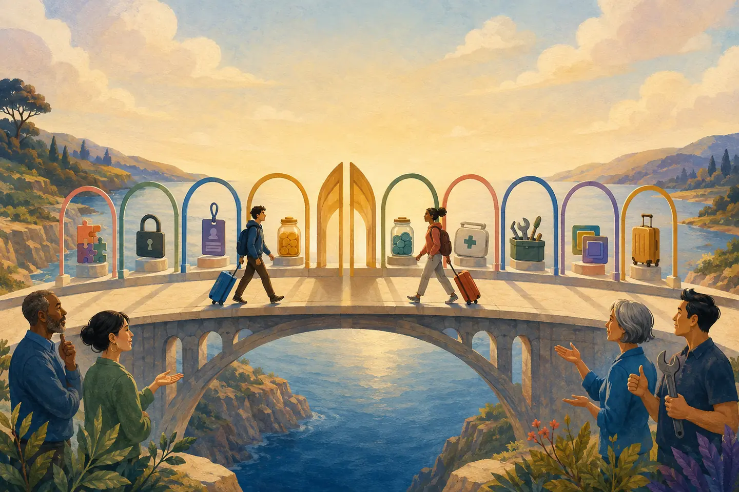 Editorial illustration: Two students cross a bridge in opposite directions through abstract arches for fit, status, money, health, work, credentials, and moving.