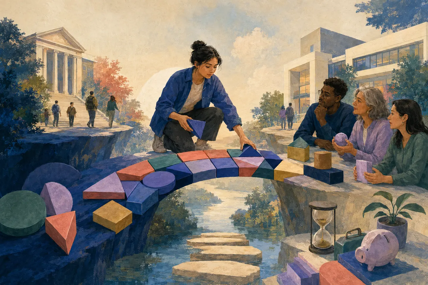 Editorial illustration: A student and advisers rebuild a bridge between two generic learning environments using course-credit shapes that do not all fit.