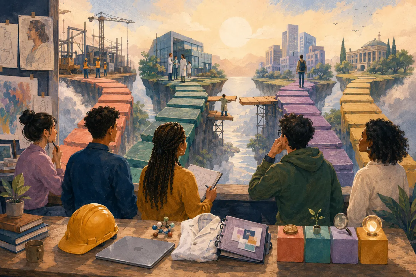 Editorial illustration: Students examine several uneven bridges from a learning studio toward construction, science, office, and campus environments.