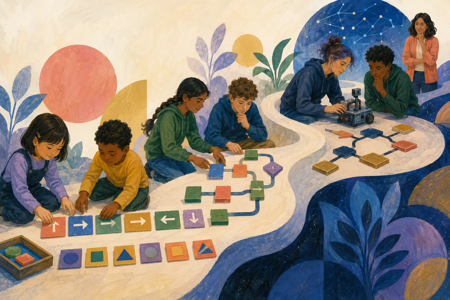 Editorial illustration: Learners progress from direction and pattern tiles to branching systems and a small generic robot as their teacher gradually steps back.