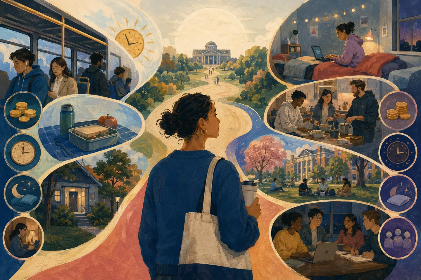 Editorial illustration: A student weighs parallel scenes of commuting, packed meals, home, residence, shared kitchens, study groups, cost, and time.