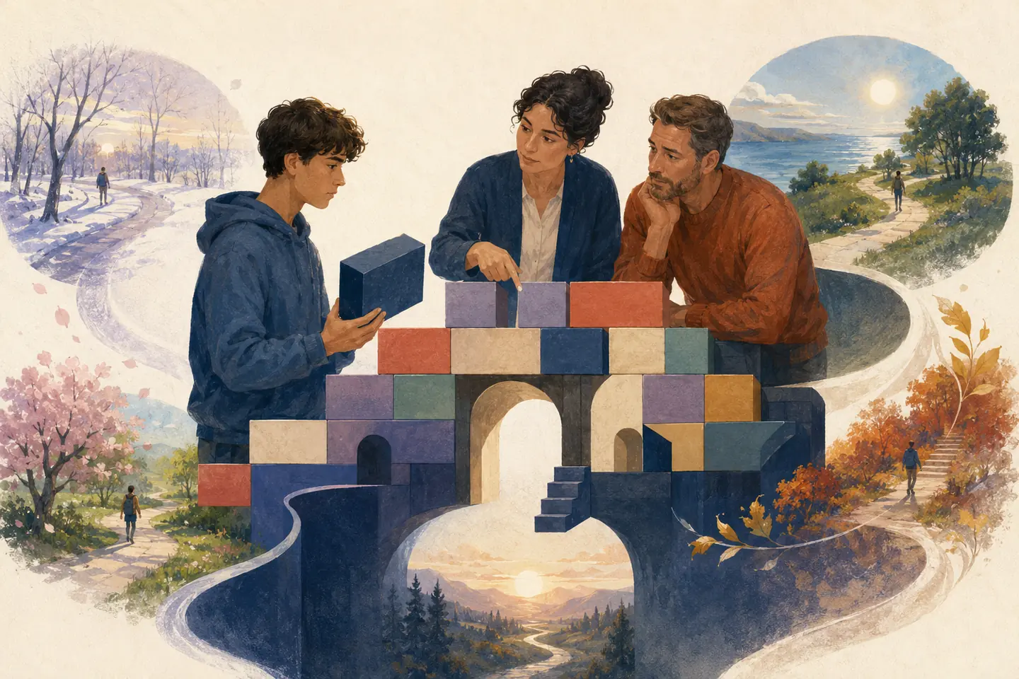 Editorial illustration: A student holds one block while a counsellor and parent trace its structural connections to several seasonal future paths.