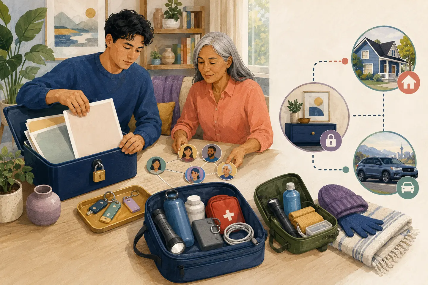Editorial illustration: A young adult and family member assemble secure copies, contact tokens, home and car kits, account keys, water, flashlight, charger, and first-aid supplies.