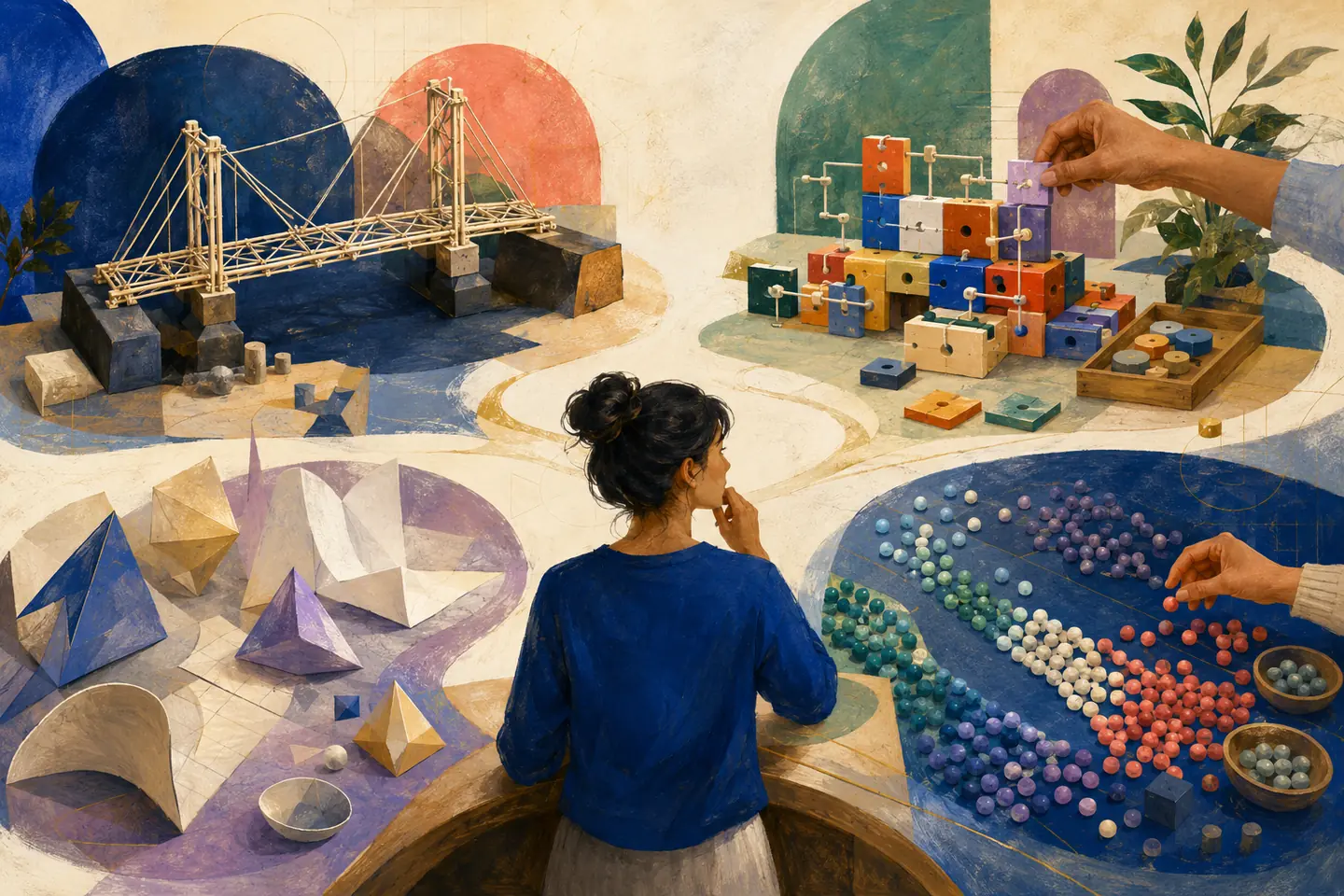 Editorial illustration: A student compares a bridge model, modular logic machine, folded geometric forms, and carefully sorted data beads at four connected work islands.