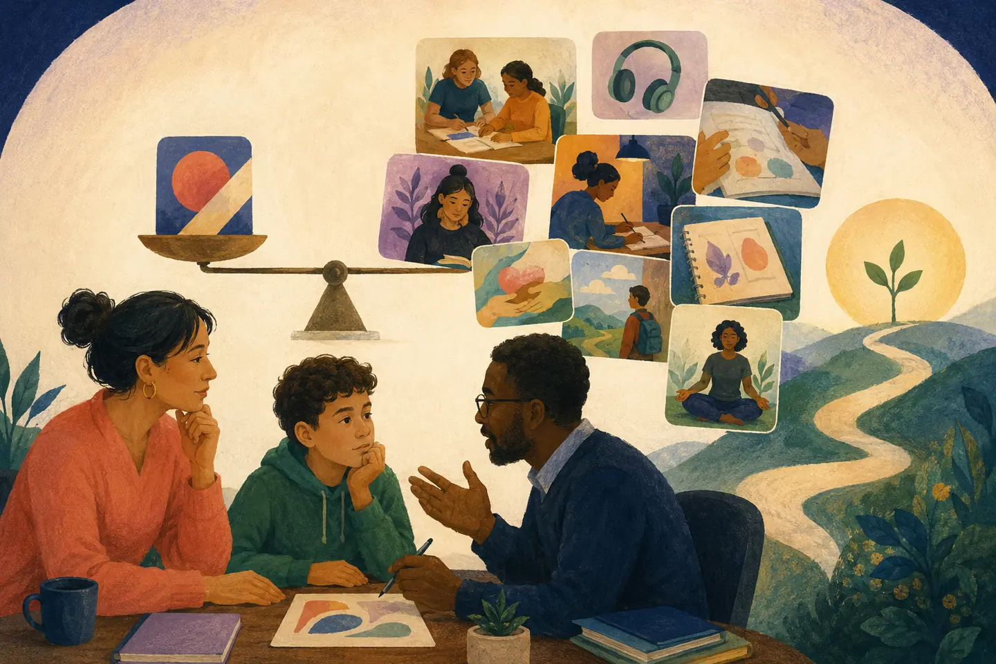 Editorial illustration: A family and teacher balance one abstract assessment tile against a wider collage of classroom evidence, access, wellbeing, and growth.