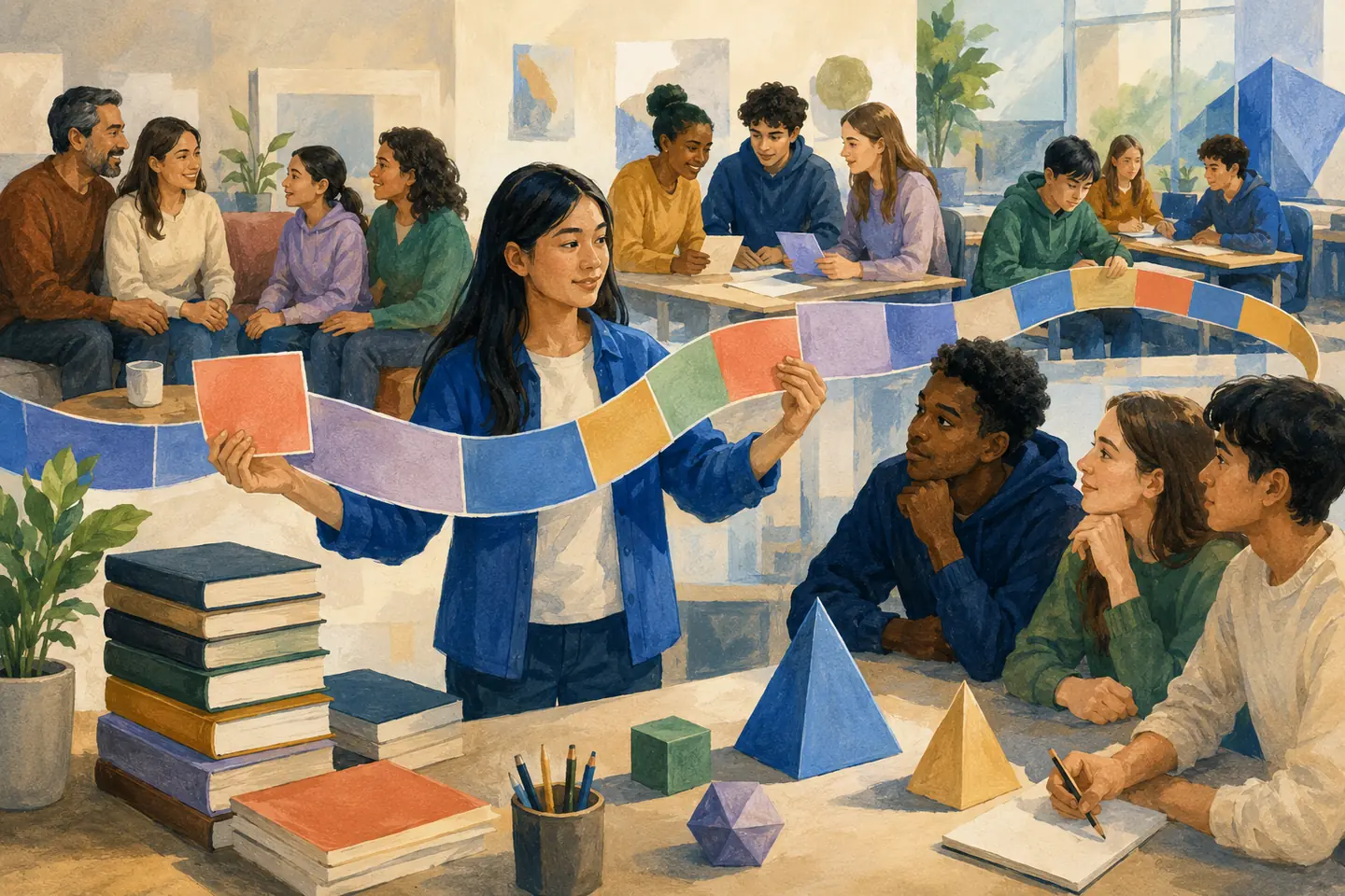 Editorial illustration: A multilingual student weaves blank coloured story cards into one ribbon linking family conversation, a language-support group, and a mainstream classroom while plain books preserve prior learning.