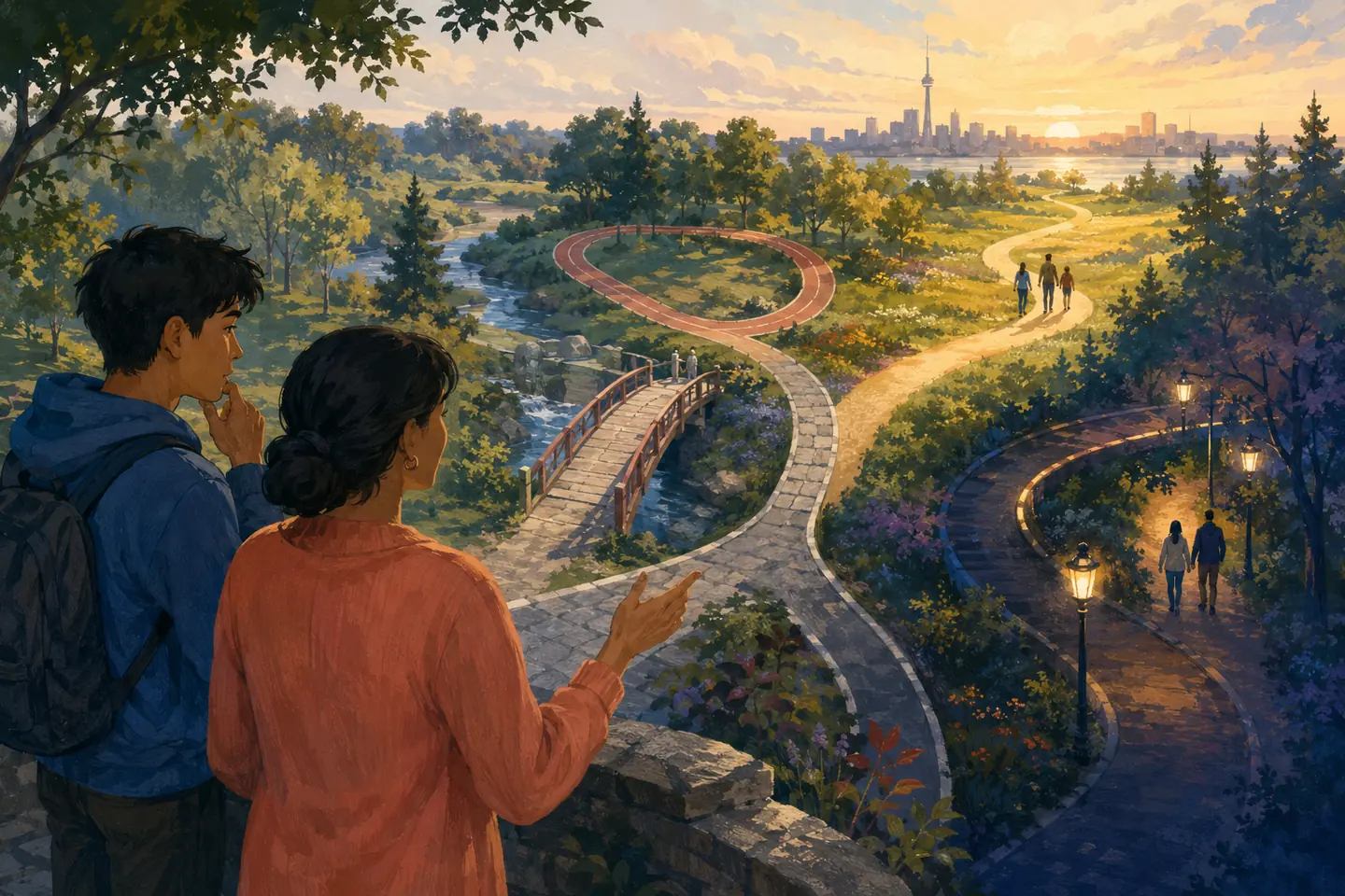 Editorial illustration: A student and caregiver overlook a landscape where a repair bridge, a repeat loop, a daylight path, and a lantern-lit route reconnect toward one destination.