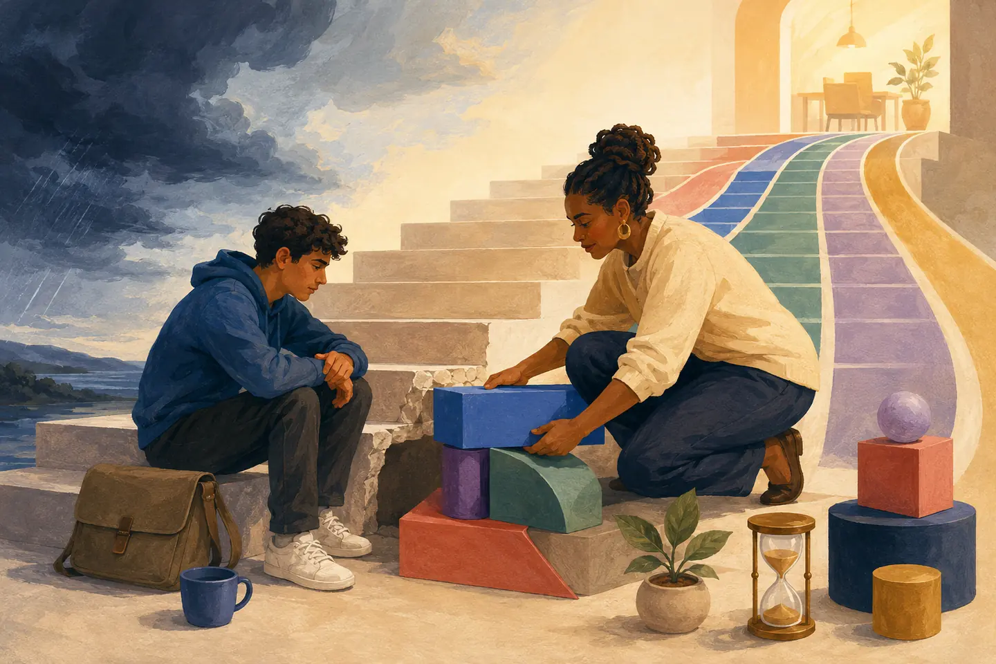Editorial illustration: An adviser helps a discouraged student rebuild a broken stair with solid blocks as several bright recovery paths rise ahead.