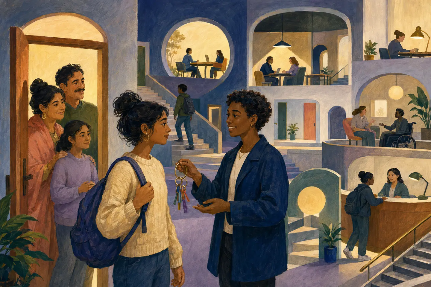 Editorial illustration: A peer mentor offers a student keys to a welcoming learning commons filled with support rooms, stairs, and open doors.