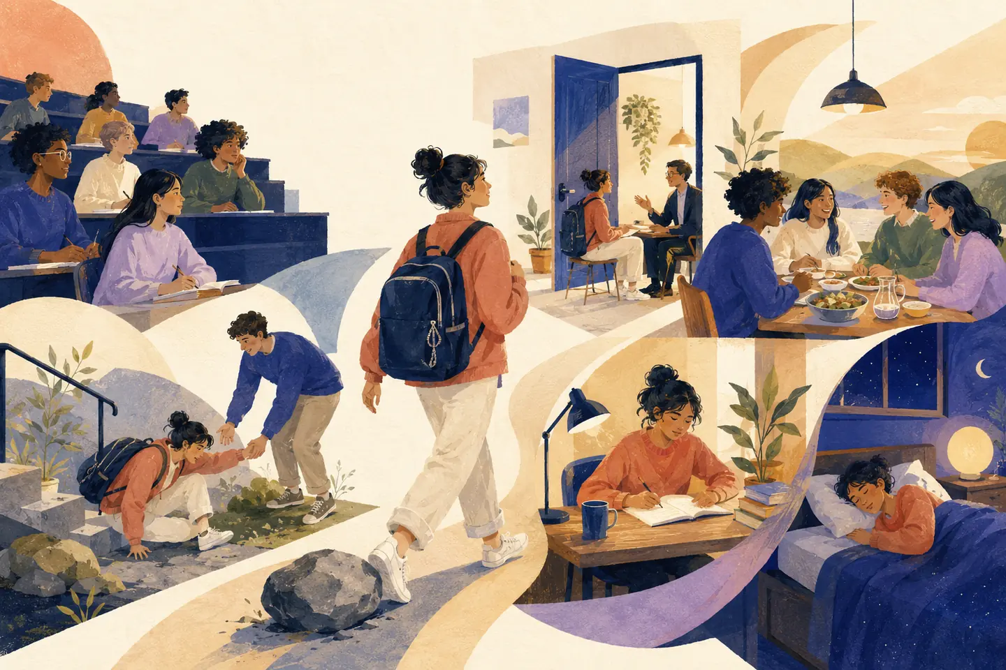 Editorial illustration: A first-year student moves through lectures, office hours, friendship, study, sleep, and a supported recovery after stumbling.