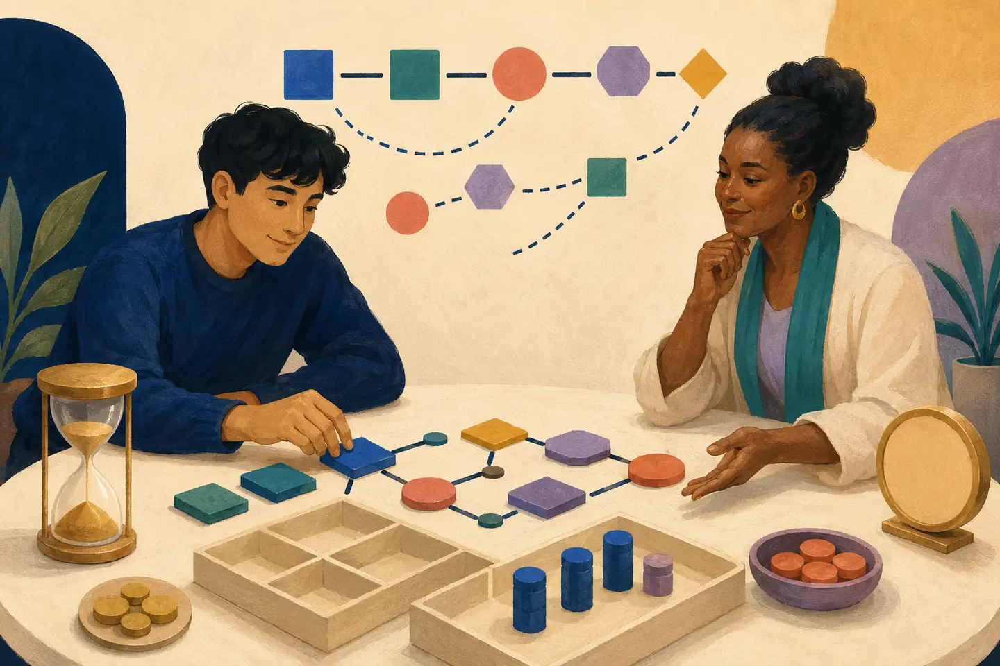 Editorial illustration: A student and adviser arrange text-free course shapes, prerequisite links, lab cylinders, waitlist tokens, and empty schedule compartments.