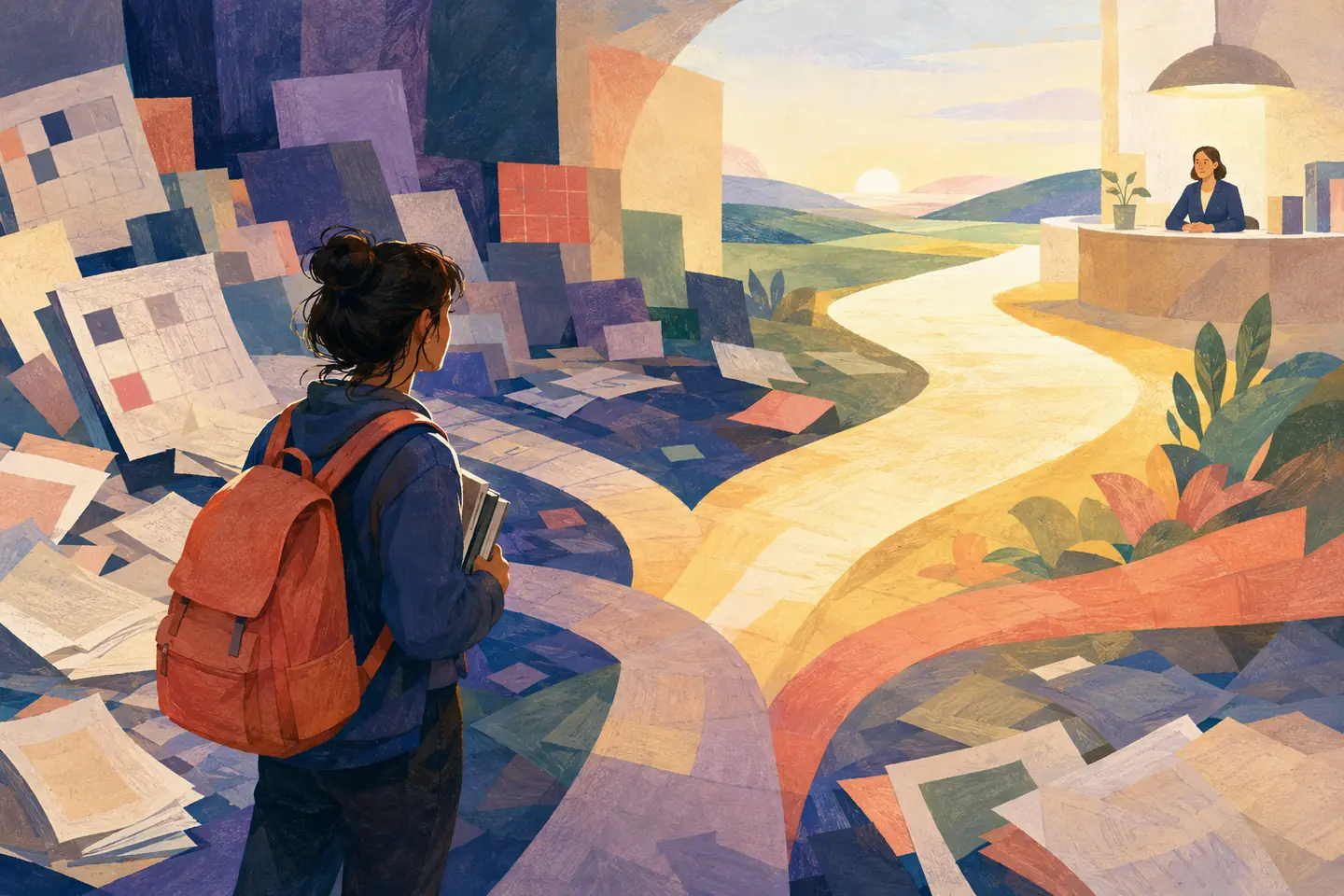 Editorial illustration: An overwhelmed student stands amid scattered course papers and calendar blocks, facing a bright path toward a welcoming adviser and a calm horizon.