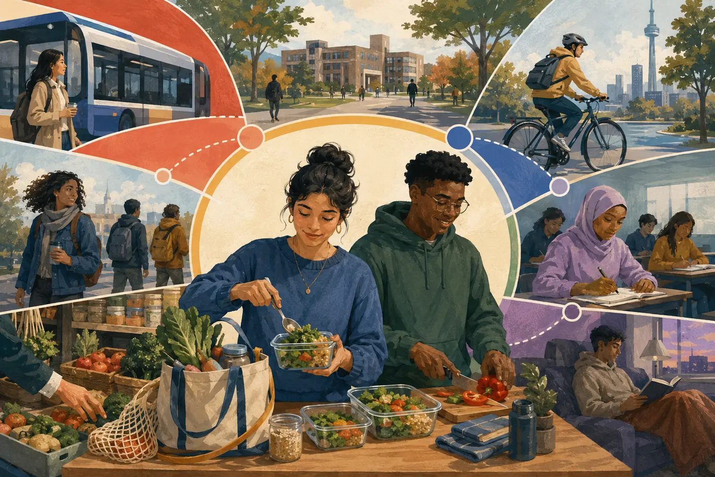 Editorial illustration: Two students prepare nourishing meals while walking, bus, bicycle, classroom, grocery, and rest scenes connect into a weekly routine.