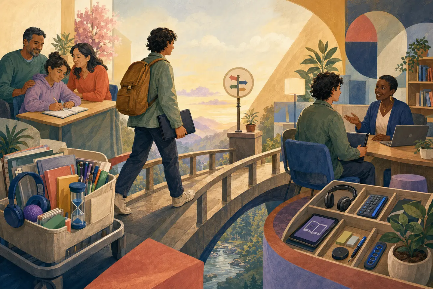 Editorial illustration: A student carries a closed document wallet across a bridge from familiar school supports to a welcoming advisor and a newly arranged support toolkit.
