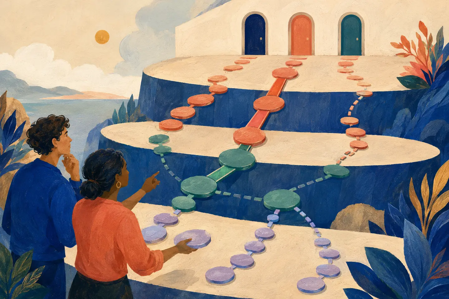 Editorial illustration: A student and mentor trace connected course stones backward across layered terraces from three future program doors.
