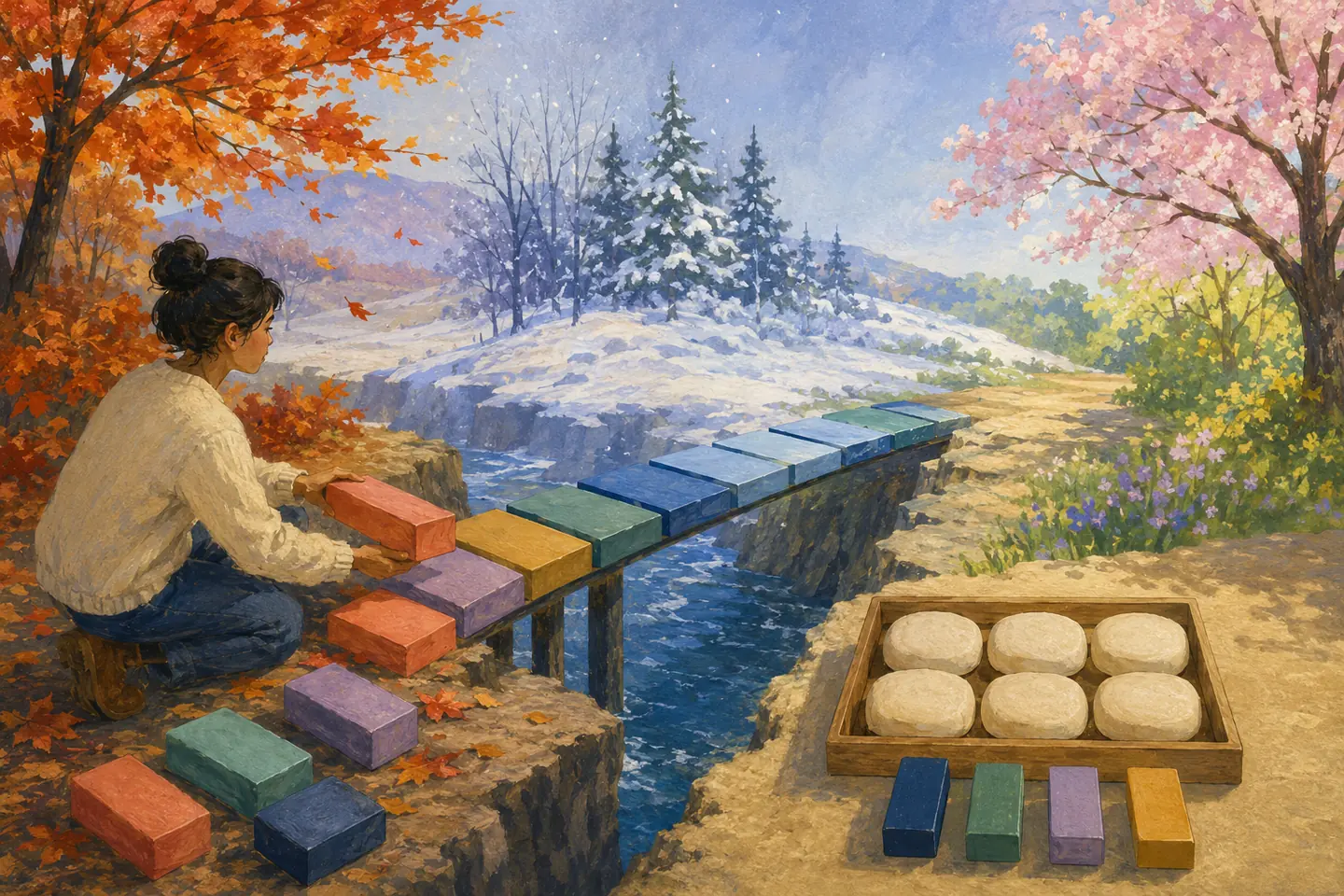 Editorial illustration: A student replaces provisional autumn bridge blocks through winter and spring beside a tray containing exactly six pale stones.