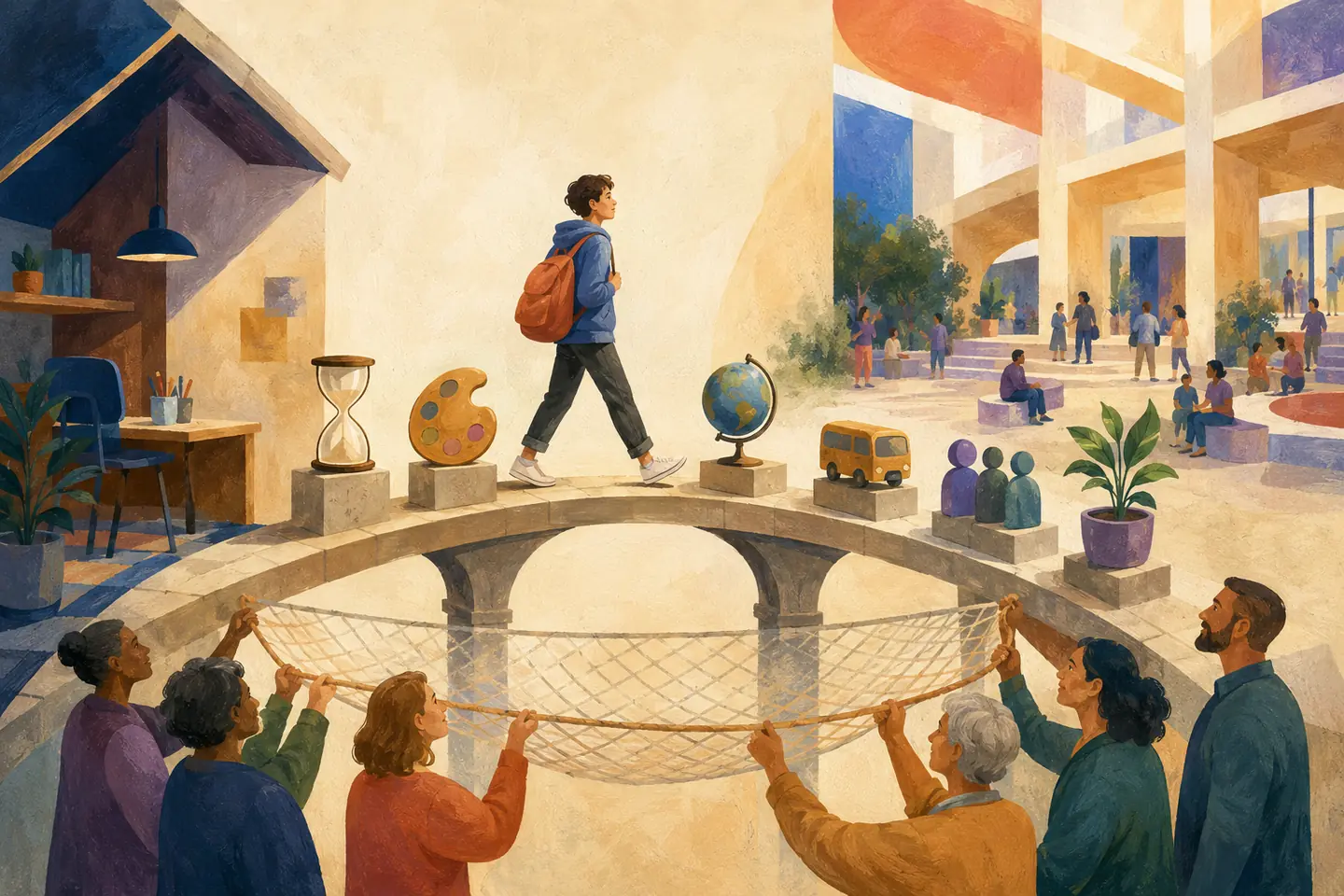 Editorial illustration: A student crosses into a larger school commons past an hourglass, electives palette, globe, bus, peer cluster, and growing plant while adults hold a safety net.