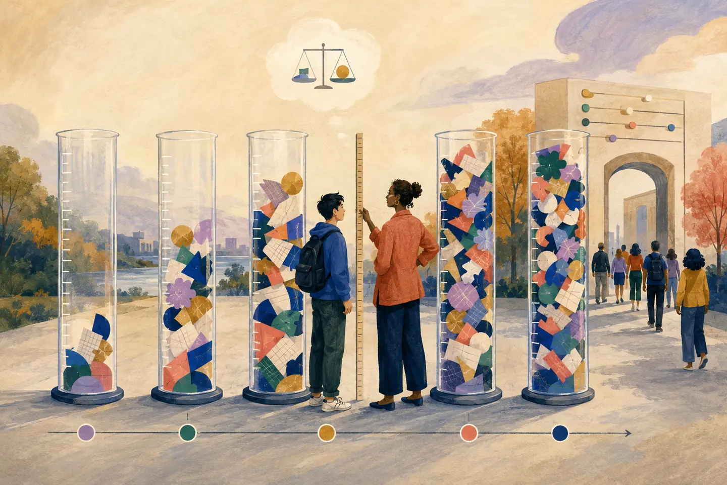Editorial illustration: A student and educator compare transparent measuring cylinders whose similar work pieces become increasingly crowded near the top beside an adjusting admissions gate.