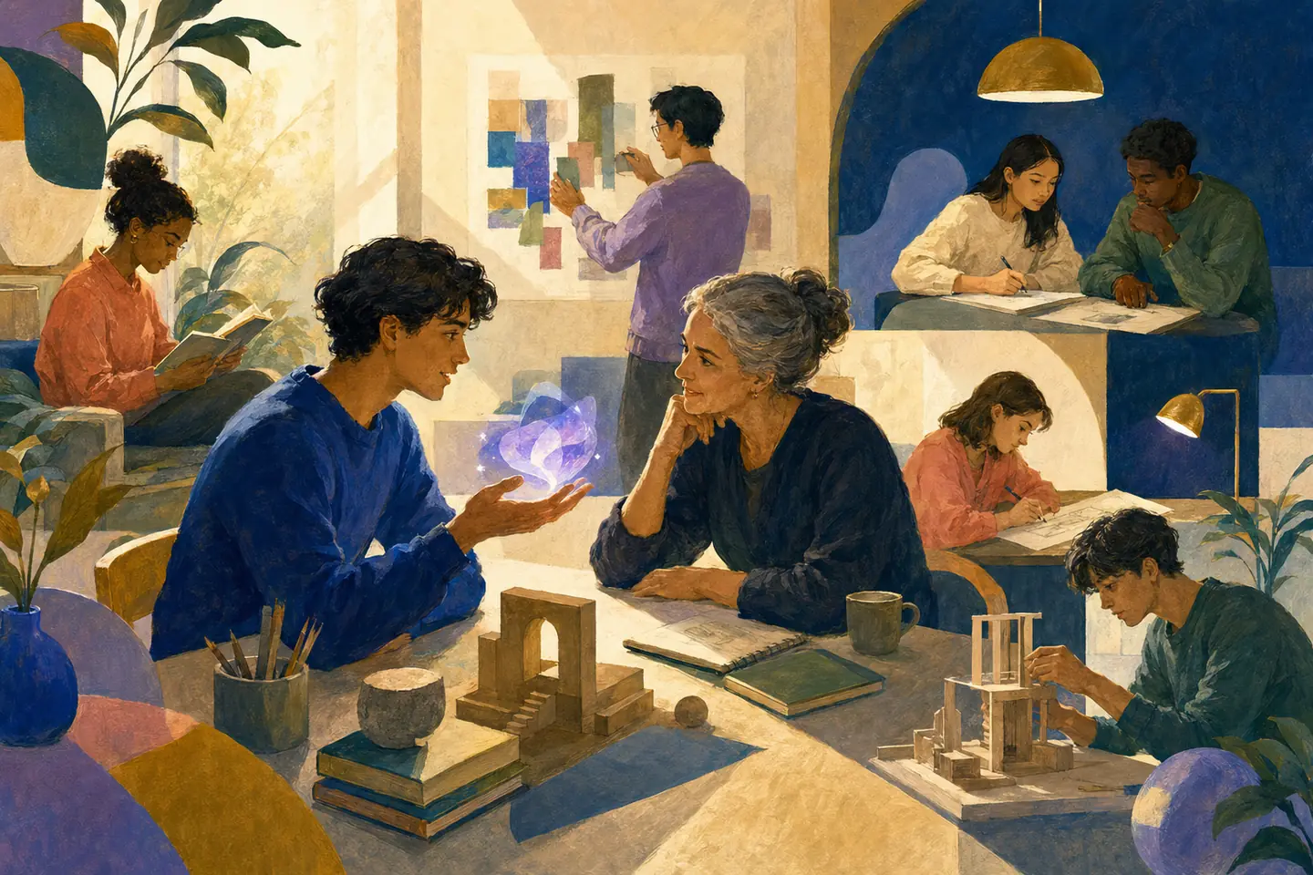 Editorial illustration: A student discusses a glowing abstract tool with a teacher while peers read, revise, collaborate, and build physical models nearby.