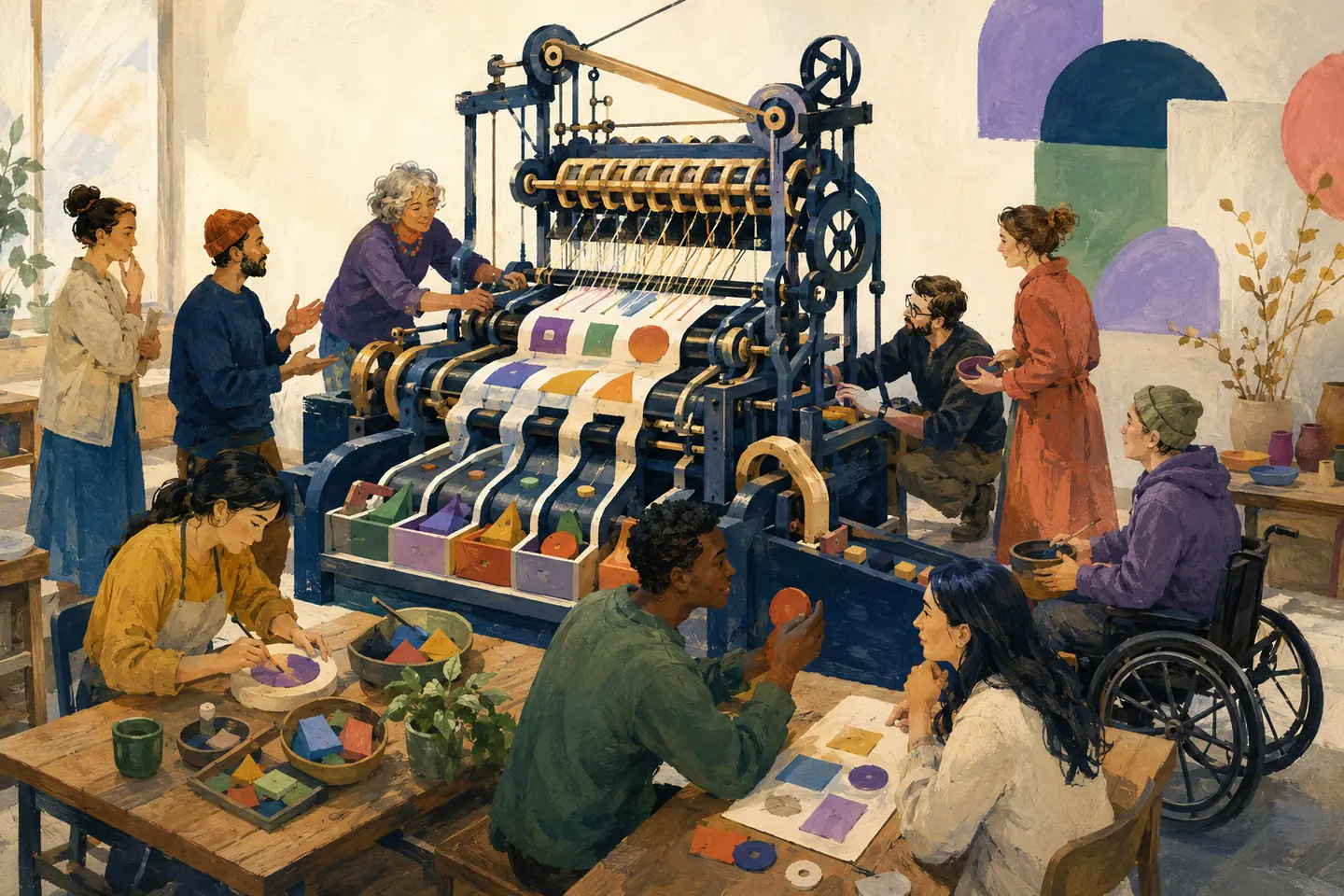 Editorial illustration: Workers and students combine human judgment, care, craft, and conversation around a mechanical loom that sorts coloured shapes.