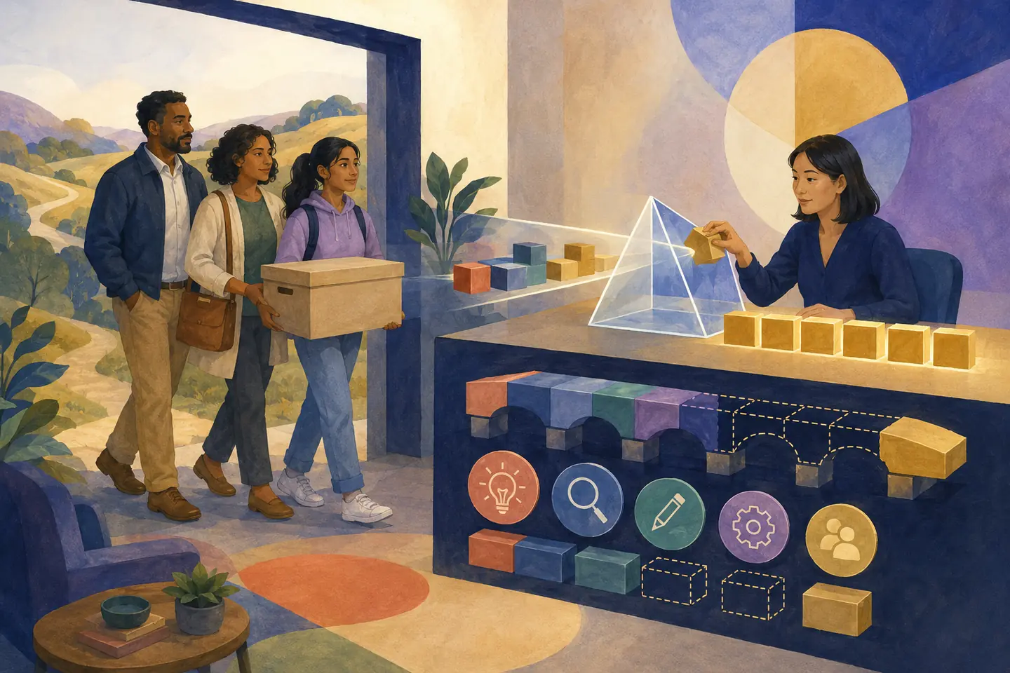 Editorial illustration: A family brings a plain archive box into an assessment studio where learning blocks pass through a clear prism into recognized credit tiles beside a separate bridge with gaps to verify.