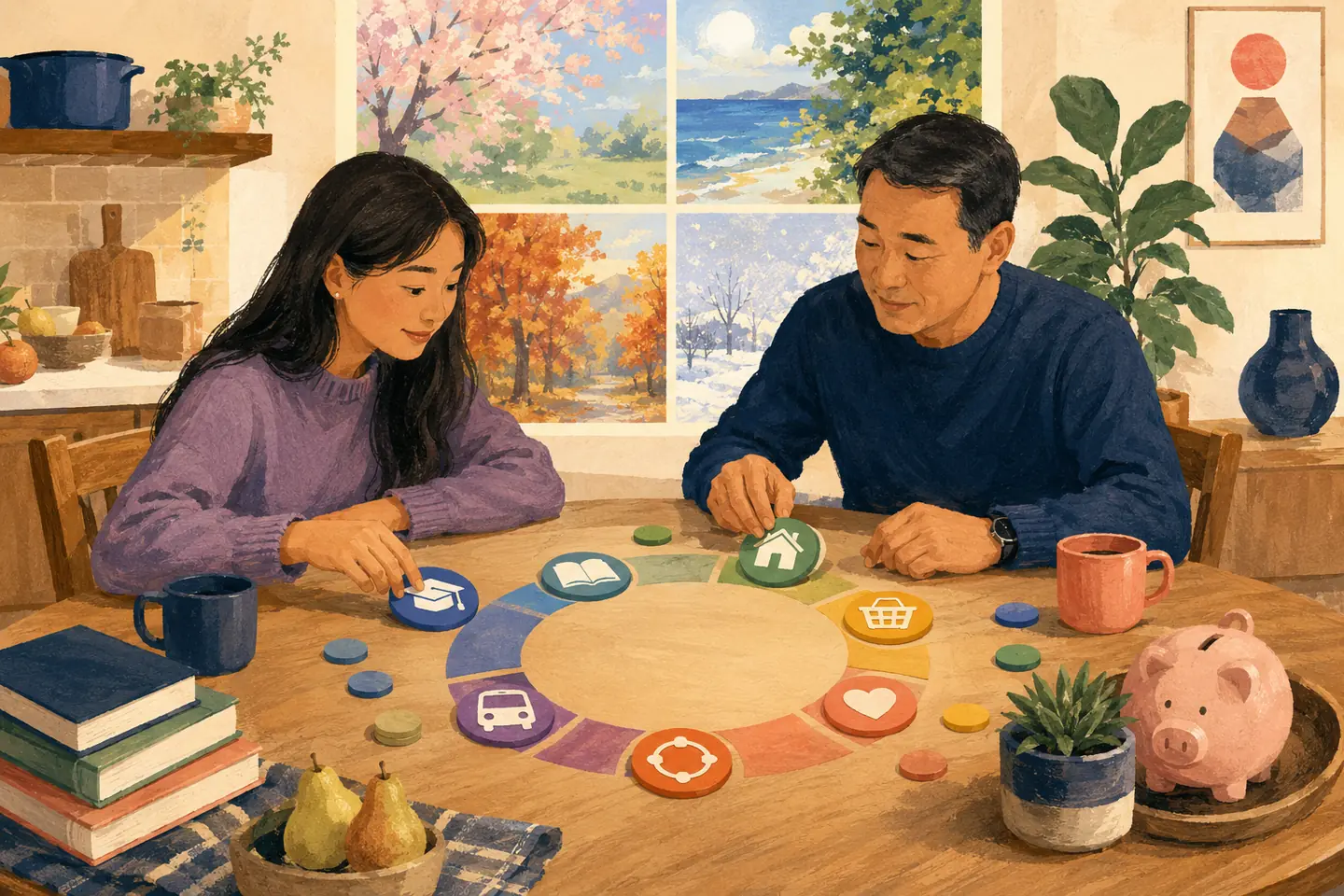 Editorial illustration: A student and parent arrange coloured budget tokens around a circular plan as four seasons appear through the window.