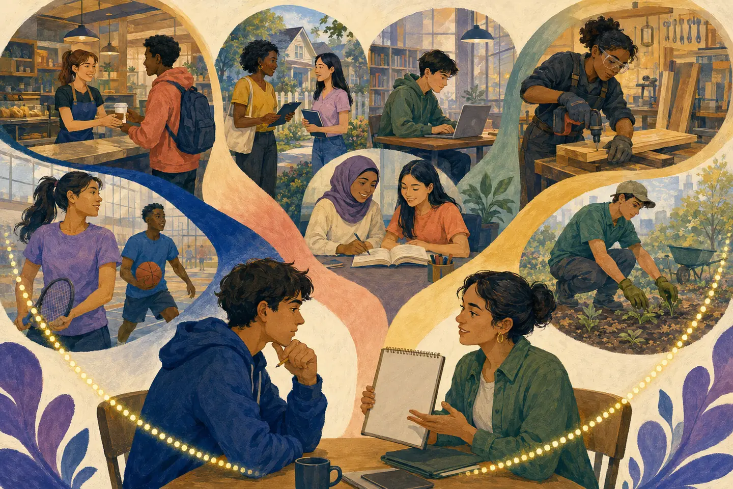 Editorial illustration: Students explore community, direct-outreach, project, recreation, office, café, workshop, tutoring, and outdoor routes into first work.