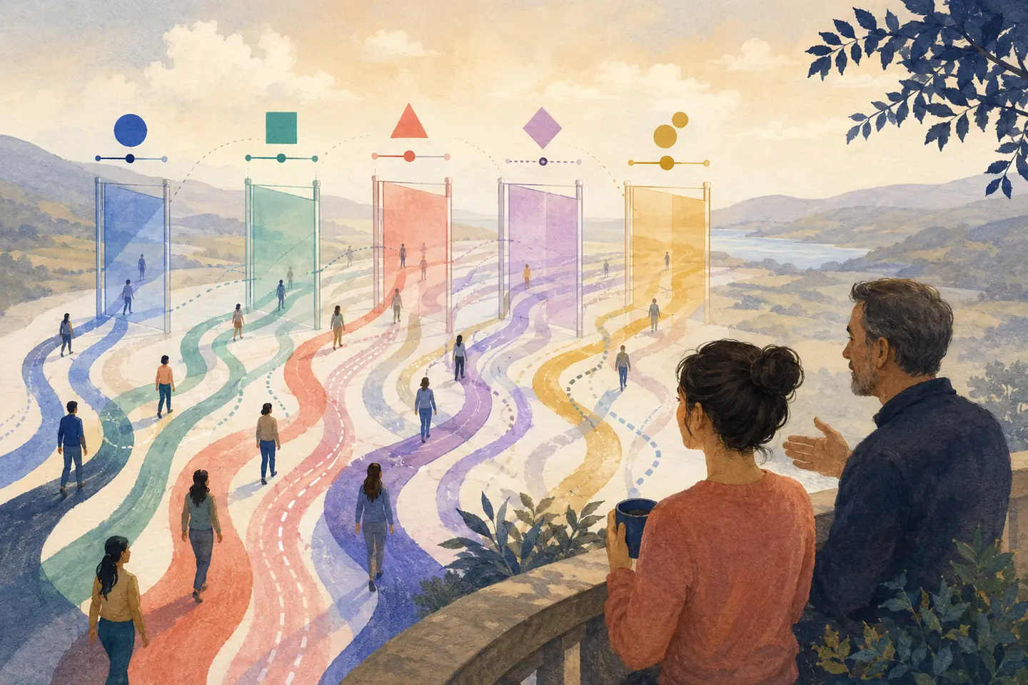 Editorial illustration: Many coloured student pathways curve toward differently adjusted translucent gates as a student and trusted adult study the moving system from an overlook.
