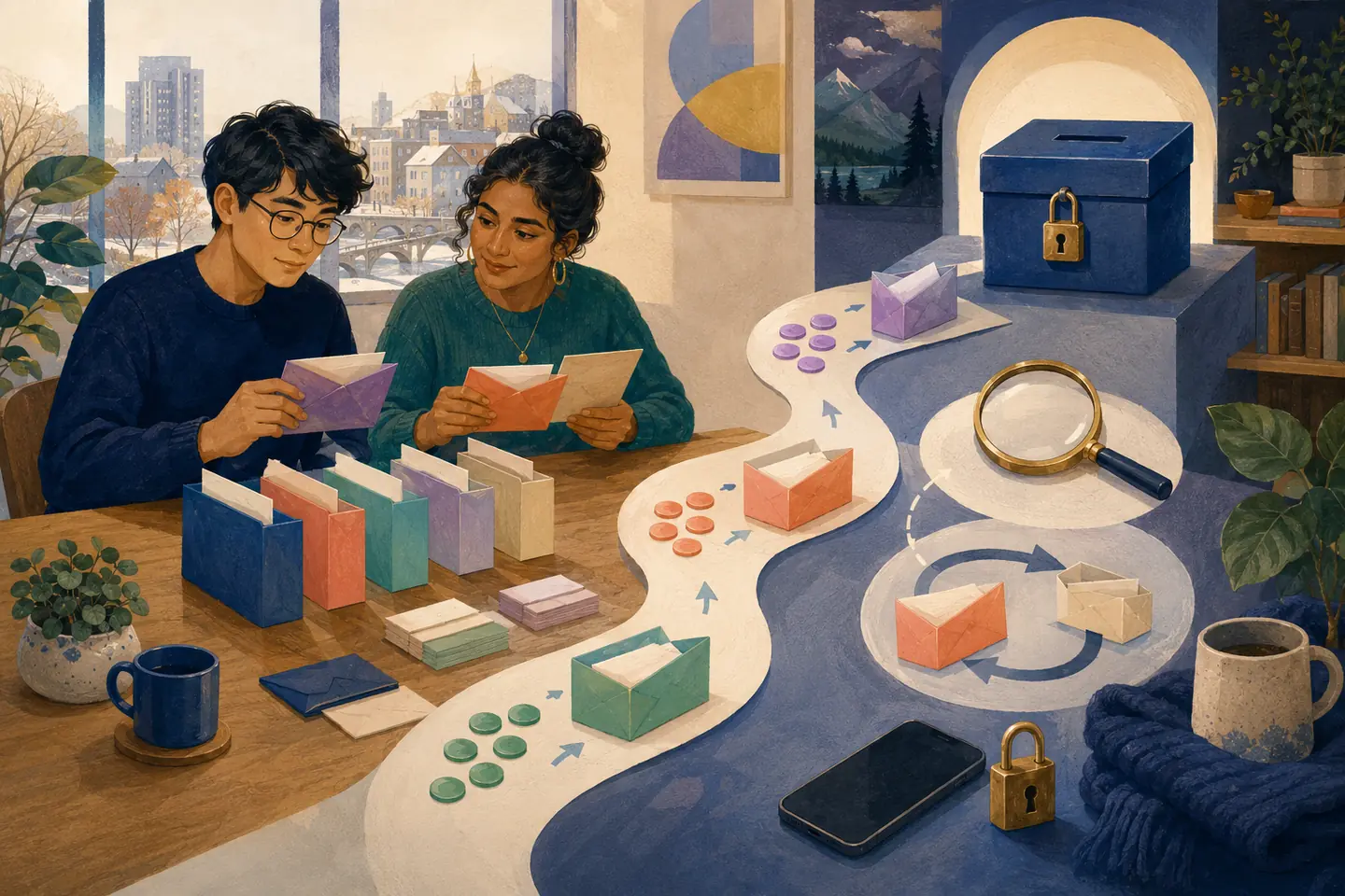 Editorial illustration: A student and trusted helper sort blank envelopes and colored tokens through filing, review, correction, and secure-access stages.