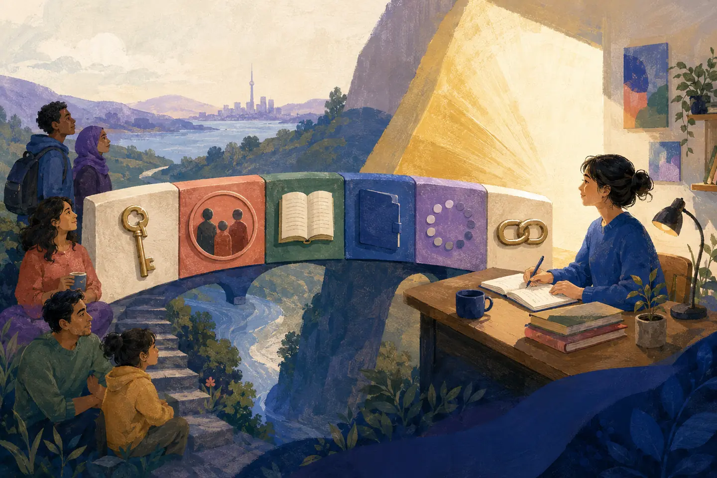 Editorial illustration: A student studies beside a support bridge built from a key, family circle, book, closed folder, status loop, and linked confirmation as warm light reaches the desk.