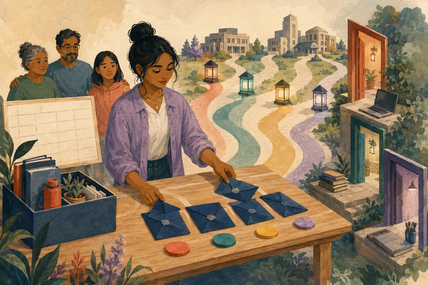 Editorial illustration: A student sorts sealed blue envelopes and coloured program tokens onto separate paths leading to generic campus lanterns, follow-up doors, and a blank tracking board.