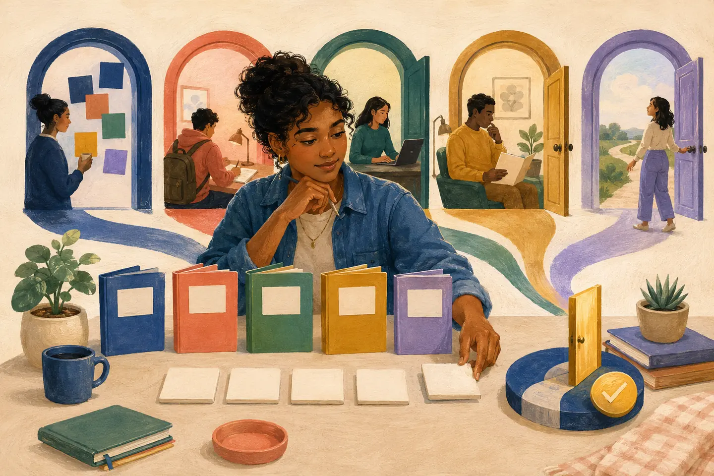 Editorial illustration: An applicant compares five blank program folders as a sequence of colorful doors leads from preparation to a final choice.