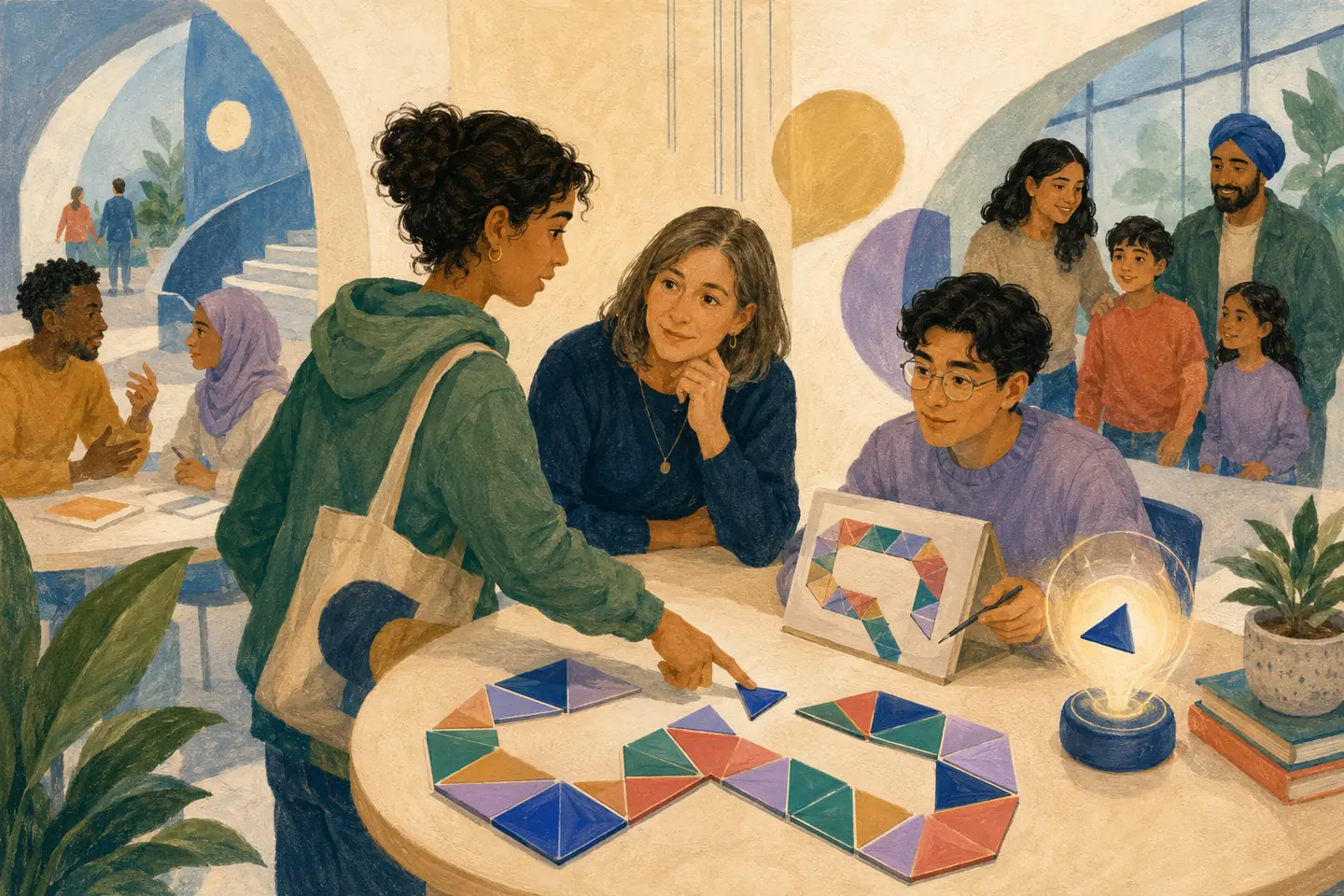Editorial illustration: A student points to the first disconnected piece in a partly built geometric path while a teacher, tutor, and small hint light focus on the visible attempt.