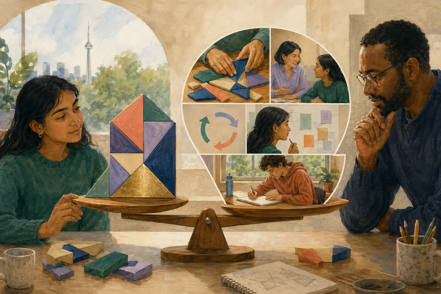 Editorial illustration: A student and tutor weigh geometric understanding, explanation, practice, communication, and independent work during a trial lesson.