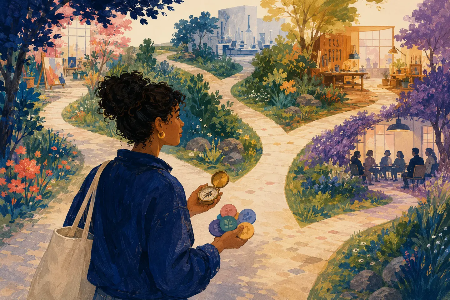 Editorial illustration: A student with a compass and coloured tokens considers branching garden paths toward different learning environments.