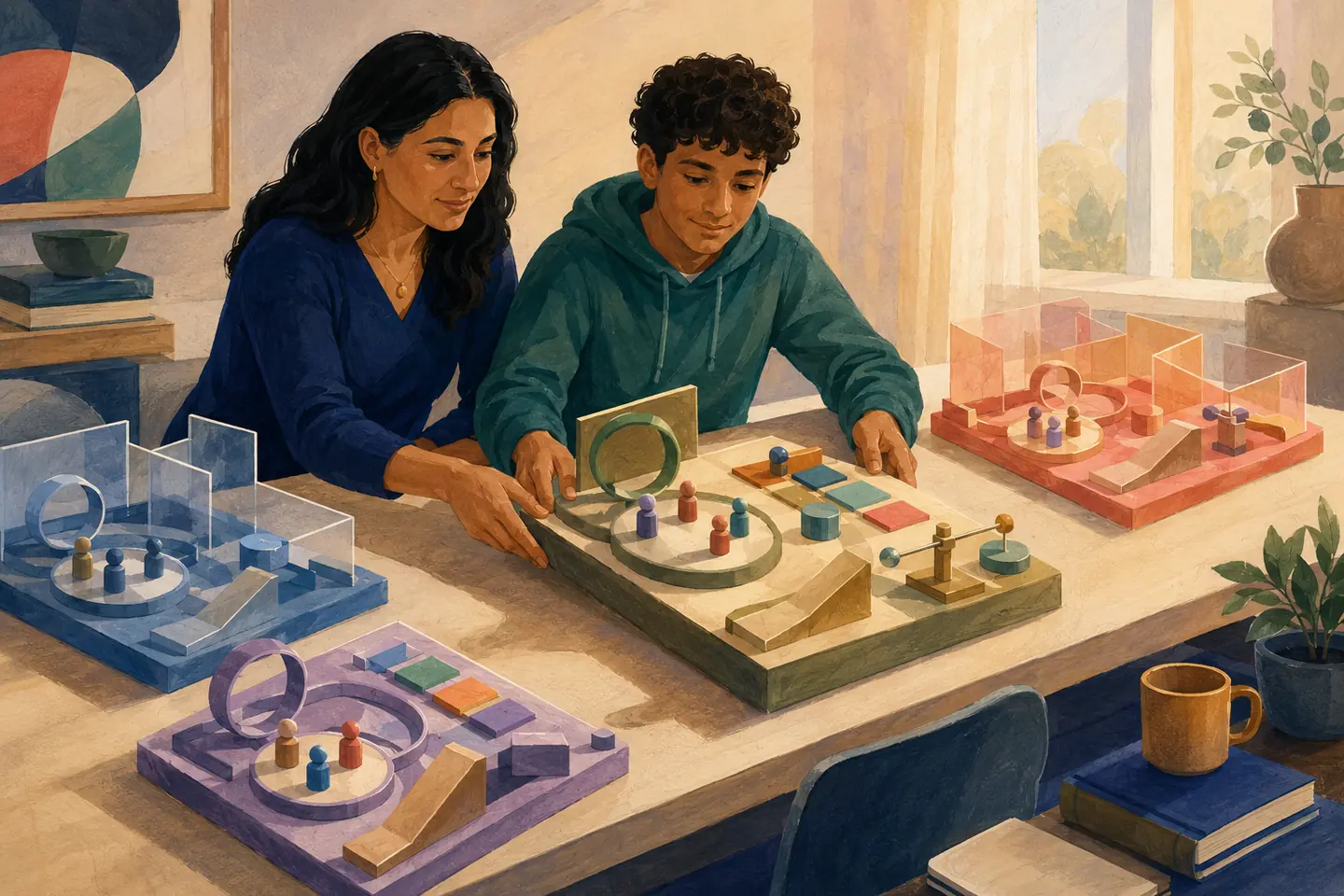 Editorial illustration: A student and caregiver compare three abstract learning environments built from foundations, conversation circles, feedback loops, pacing tiles, ramps, and balances.