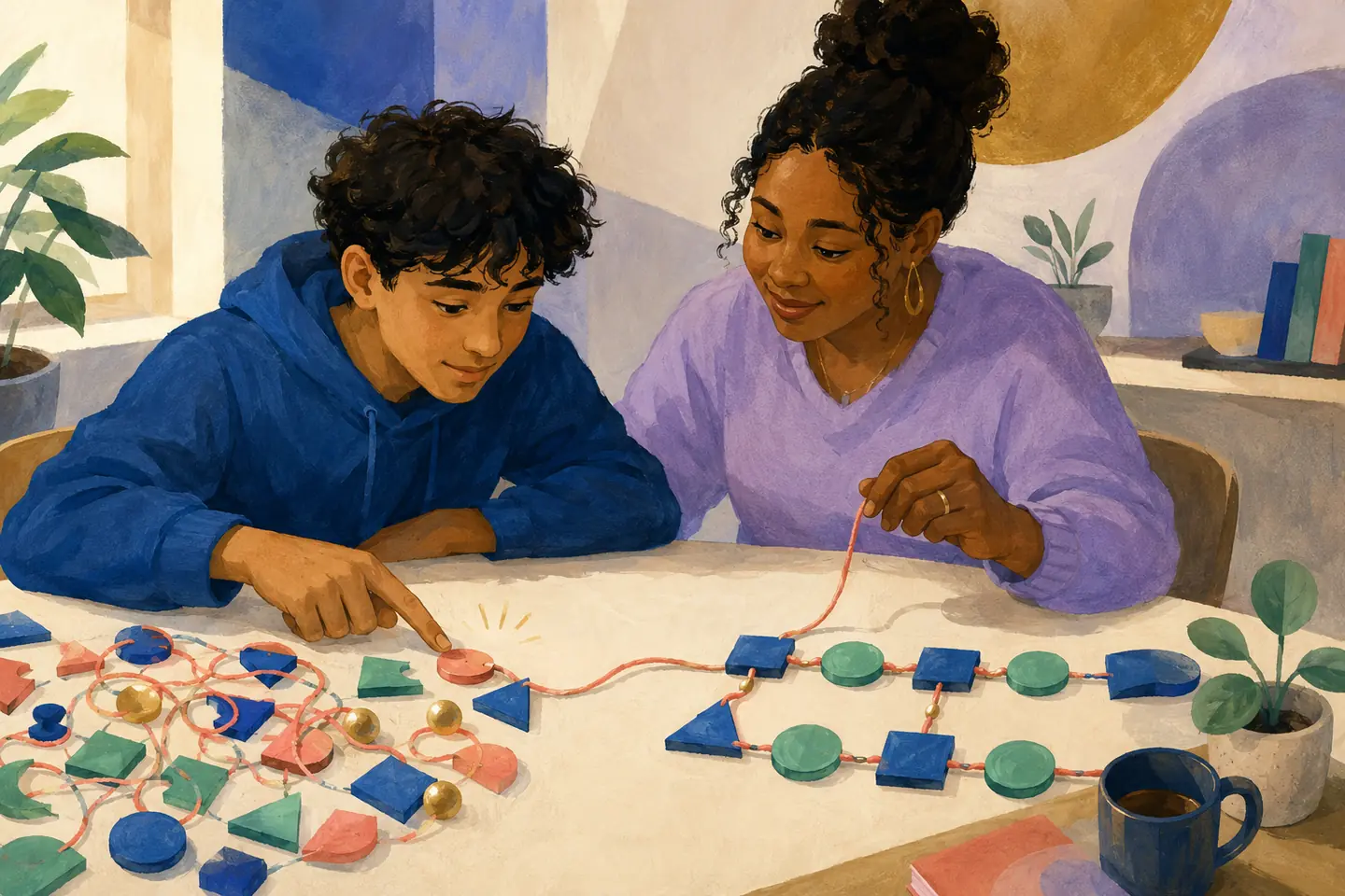 Editorial illustration: A student and tutor trace a red thread from a tangled cluster of shapes to the first mismatched piece and a clean repaired pattern.
