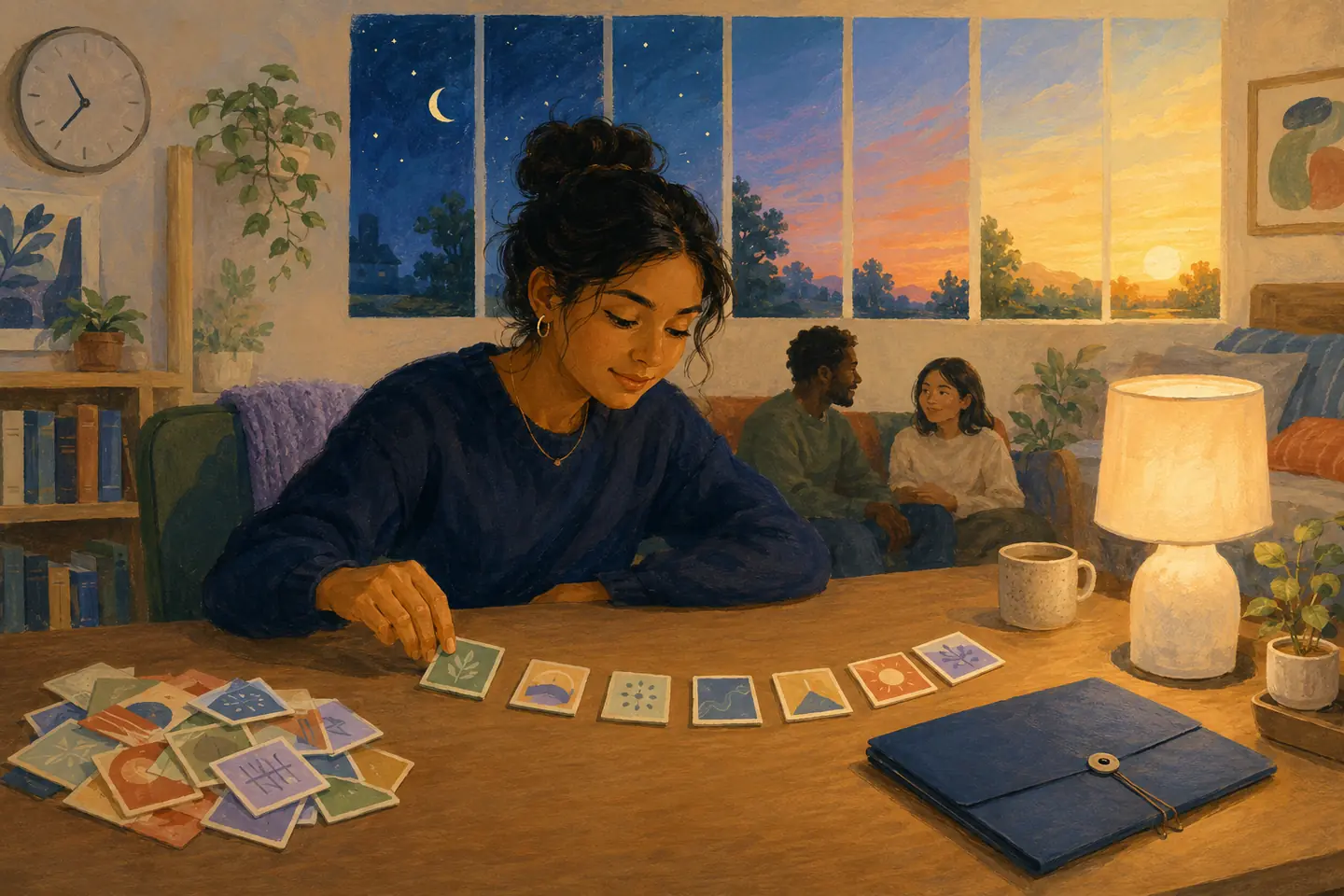 Editorial illustration: A student arranges small study tiles from a loose pile into a calm sequence while a wide window shifts from night to sunrise.