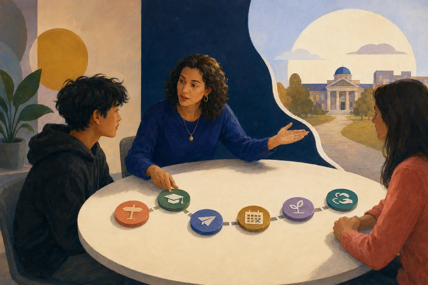 Editorial illustration: A student, parent, and counsellor arrange issue tokens into next actions while a separate university horizon marks the counsellor's decision boundary.